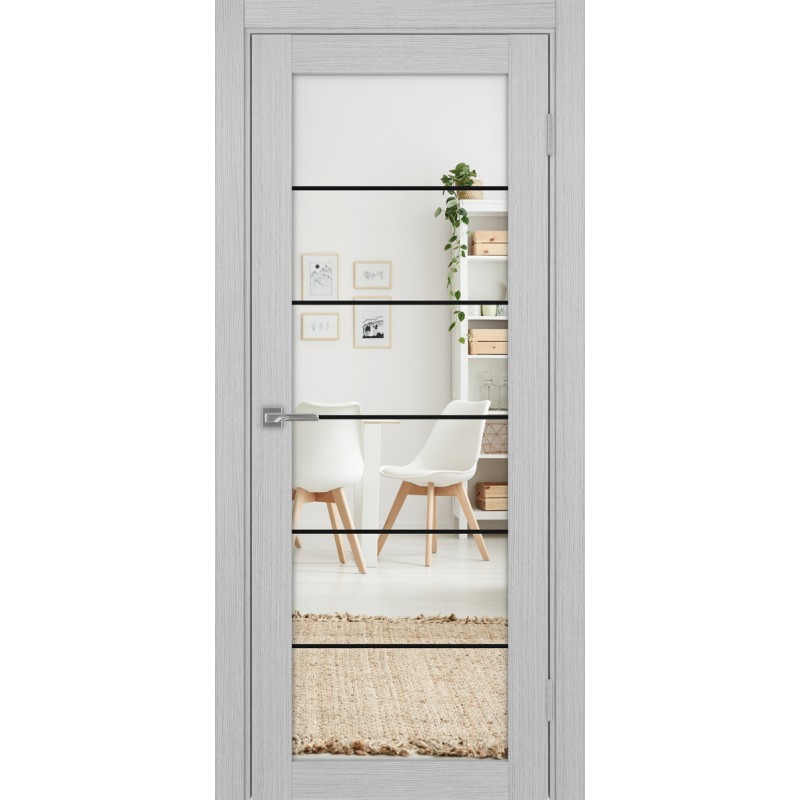 Межкомнатная дверь Турин 501АСС.2, цвет Дуб Серый FL, молдинг алюм.чёрн стекло Зеркало/Зеркало, размер 80*200 см.